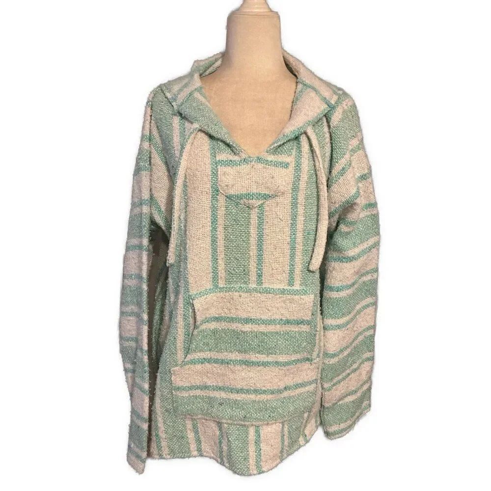 Unisex Mexican Poncho Teal Blue White Long Sleeve One Sleeve